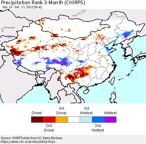 China, Mongolia and Taiwan Precipitation Rank since 1981, 3-Month (CHIRPS) Thematic Map For 9/16/2022 - 12/15/2022