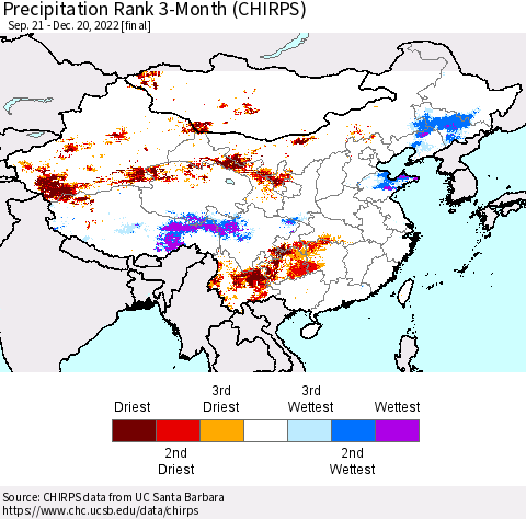 China, Mongolia and Taiwan Precipitation Rank since 1981, 3-Month (CHIRPS) Thematic Map For 9/21/2022 - 12/20/2022