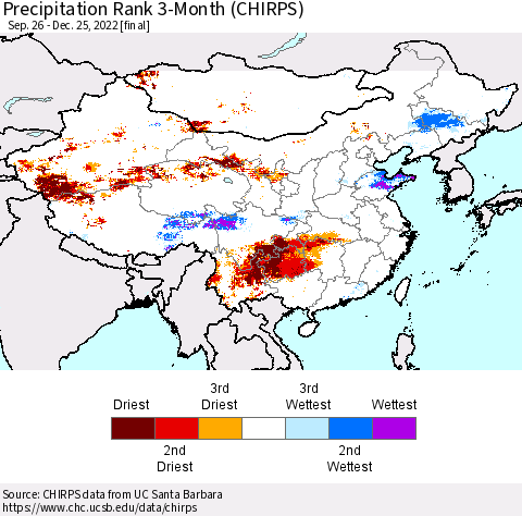 China, Mongolia and Taiwan Precipitation Rank since 1981, 3-Month (CHIRPS) Thematic Map For 9/26/2022 - 12/25/2022