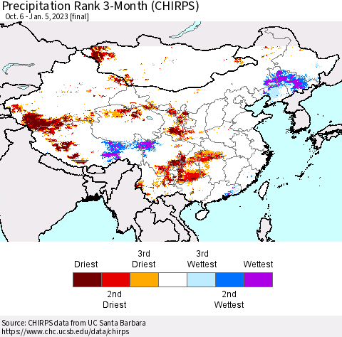 China, Mongolia and Taiwan Precipitation Rank since 1981, 3-Month (CHIRPS) Thematic Map For 10/6/2022 - 1/5/2023