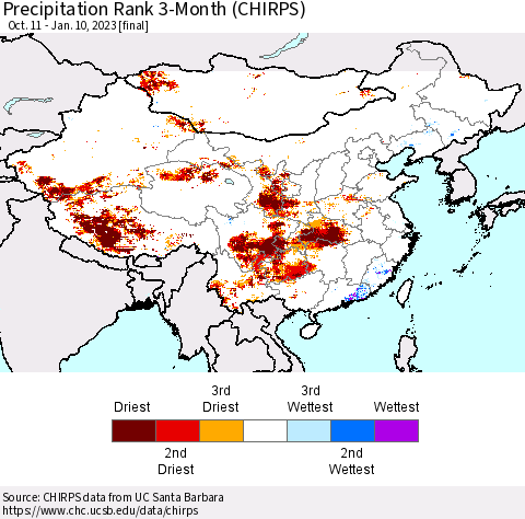 China, Mongolia and Taiwan Precipitation Rank since 1981, 3-Month (CHIRPS) Thematic Map For 10/11/2022 - 1/10/2023