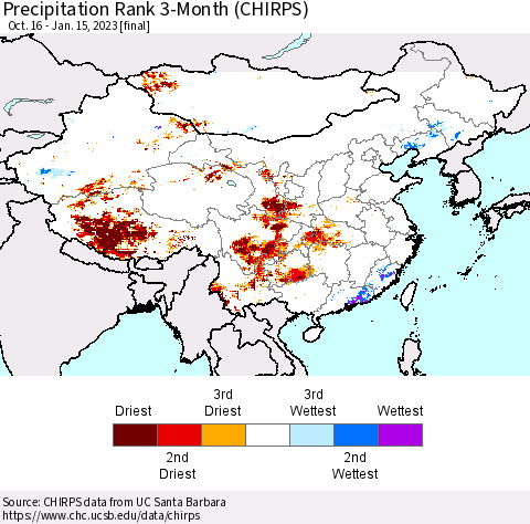 China, Mongolia and Taiwan Precipitation Rank since 1981, 3-Month (CHIRPS) Thematic Map For 10/16/2022 - 1/15/2023