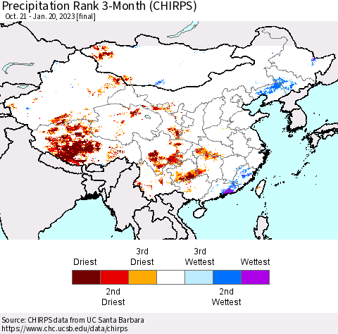 China, Mongolia and Taiwan Precipitation Rank since 1981, 3-Month (CHIRPS) Thematic Map For 10/21/2022 - 1/20/2023