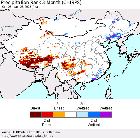 China, Mongolia and Taiwan Precipitation Rank since 1981, 3-Month (CHIRPS) Thematic Map For 10/26/2022 - 1/25/2023