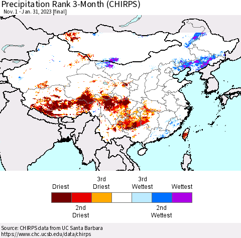 China, Mongolia and Taiwan Precipitation Rank since 1981, 3-Month (CHIRPS) Thematic Map For 11/1/2022 - 1/31/2023