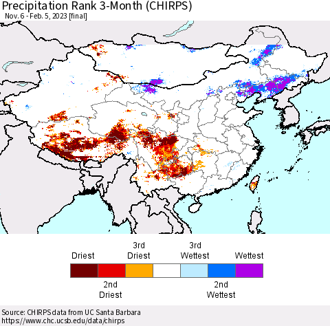 China, Mongolia and Taiwan Precipitation Rank since 1981, 3-Month (CHIRPS) Thematic Map For 11/6/2022 - 2/5/2023
