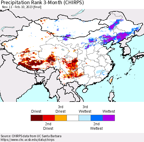 China, Mongolia and Taiwan Precipitation Rank since 1981, 3-Month (CHIRPS) Thematic Map For 11/11/2022 - 2/10/2023