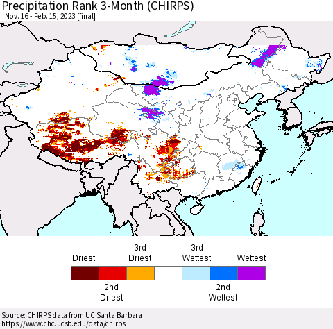 China, Mongolia and Taiwan Precipitation Rank since 1981, 3-Month (CHIRPS) Thematic Map For 11/16/2022 - 2/15/2023