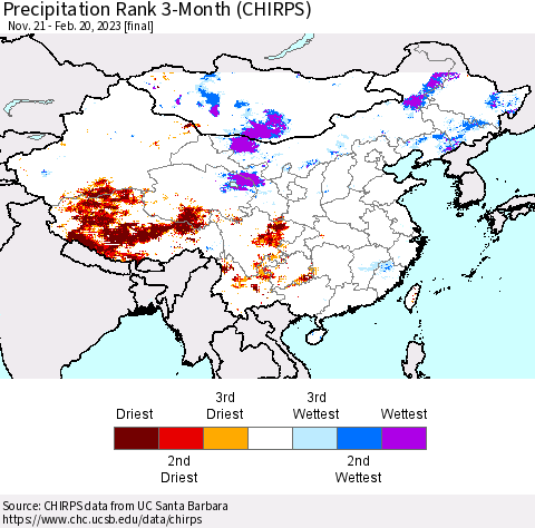 China, Mongolia and Taiwan Precipitation Rank since 1981, 3-Month (CHIRPS) Thematic Map For 11/21/2022 - 2/20/2023