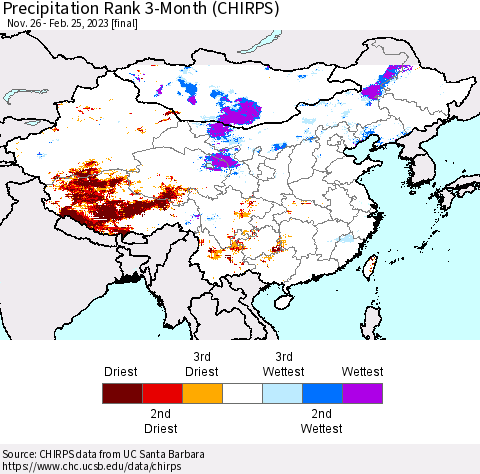 China, Mongolia and Taiwan Precipitation Rank since 1981, 3-Month (CHIRPS) Thematic Map For 11/26/2022 - 2/25/2023