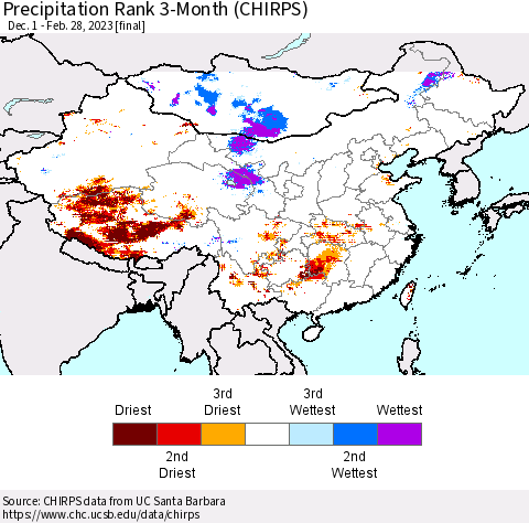 China, Mongolia and Taiwan Precipitation Rank since 1981, 3-Month (CHIRPS) Thematic Map For 12/1/2022 - 2/28/2023
