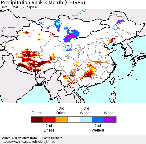 China, Mongolia and Taiwan Precipitation Rank since 1981, 3-Month (CHIRPS) Thematic Map For 12/6/2022 - 3/5/2023