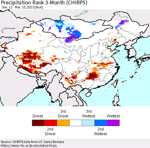 China, Mongolia and Taiwan Precipitation Rank since 1981, 3-Month (CHIRPS) Thematic Map For 12/11/2022 - 3/10/2023