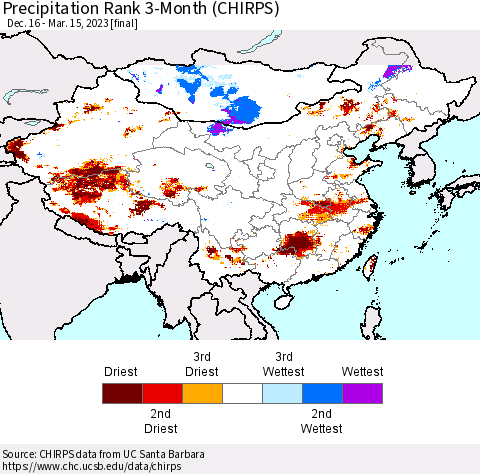 China, Mongolia and Taiwan Precipitation Rank since 1981, 3-Month (CHIRPS) Thematic Map For 12/16/2022 - 3/15/2023