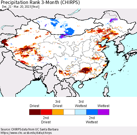 China, Mongolia and Taiwan Precipitation Rank since 1981, 3-Month (CHIRPS) Thematic Map For 12/21/2022 - 3/20/2023