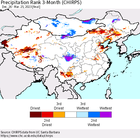 China, Mongolia and Taiwan Precipitation Rank since 1981, 3-Month (CHIRPS) Thematic Map For 12/26/2022 - 3/25/2023