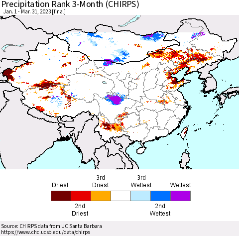 China, Mongolia and Taiwan Precipitation Rank since 1981, 3-Month (CHIRPS) Thematic Map For 1/1/2023 - 3/31/2023