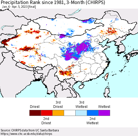 China, Mongolia and Taiwan Precipitation Rank since 1981, 3-Month (CHIRPS) Thematic Map For 1/6/2023 - 4/5/2023