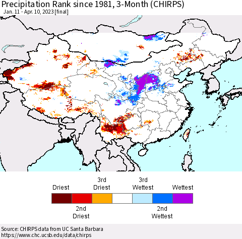China, Mongolia and Taiwan Precipitation Rank since 1981, 3-Month (CHIRPS) Thematic Map For 1/11/2023 - 4/10/2023