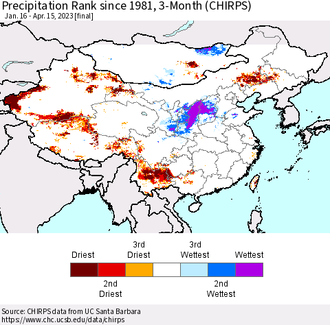 China, Mongolia and Taiwan Precipitation Rank since 1981, 3-Month (CHIRPS) Thematic Map For 1/16/2023 - 4/15/2023