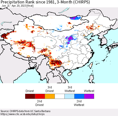 China, Mongolia and Taiwan Precipitation Rank since 1981, 3-Month (CHIRPS) Thematic Map For 1/21/2023 - 4/20/2023