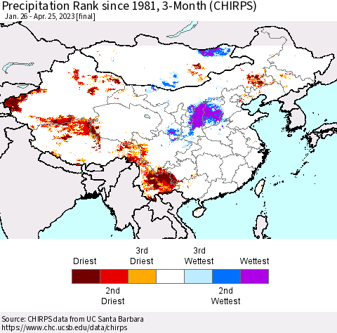 China, Mongolia and Taiwan Precipitation Rank since 1981, 3-Month (CHIRPS) Thematic Map For 1/26/2023 - 4/25/2023
