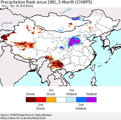 China, Mongolia and Taiwan Precipitation Rank since 1981, 3-Month (CHIRPS) Thematic Map For 2/1/2023 - 4/30/2023