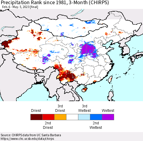China, Mongolia and Taiwan Precipitation Rank since 1981, 3-Month (CHIRPS) Thematic Map For 2/6/2023 - 5/5/2023
