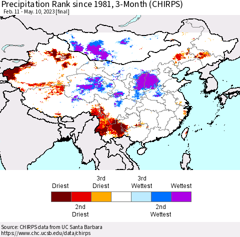 China, Mongolia and Taiwan Precipitation Rank since 1981, 3-Month (CHIRPS) Thematic Map For 2/11/2023 - 5/10/2023