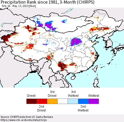China, Mongolia and Taiwan Precipitation Rank since 1981, 3-Month (CHIRPS) Thematic Map For 2/16/2023 - 5/15/2023