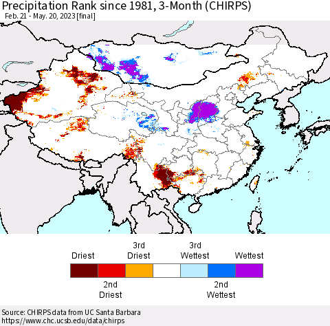 China, Mongolia and Taiwan Precipitation Rank since 1981, 3-Month (CHIRPS) Thematic Map For 2/21/2023 - 5/20/2023