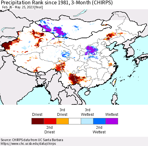 China, Mongolia and Taiwan Precipitation Rank since 1981, 3-Month (CHIRPS) Thematic Map For 2/26/2023 - 5/25/2023