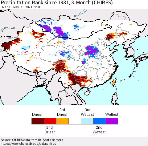 China, Mongolia and Taiwan Precipitation Rank since 1981, 3-Month (CHIRPS) Thematic Map For 3/1/2023 - 5/31/2023