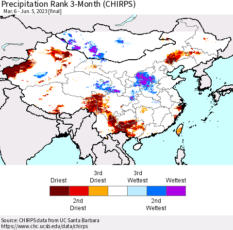 China, Mongolia and Taiwan Precipitation Rank since 1981, 3-Month (CHIRPS) Thematic Map For 3/6/2023 - 6/5/2023