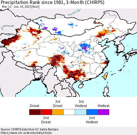 China, Mongolia and Taiwan Precipitation Rank since 1981, 3-Month (CHIRPS) Thematic Map For 3/11/2023 - 6/10/2023