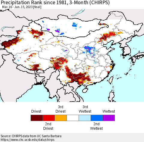 China, Mongolia and Taiwan Precipitation Rank since 1981, 3-Month (CHIRPS) Thematic Map For 3/16/2023 - 6/15/2023