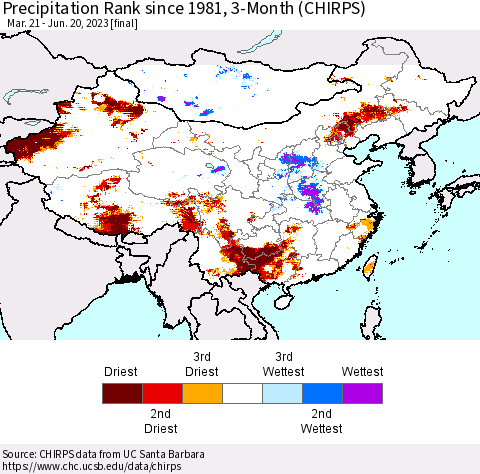 China, Mongolia and Taiwan Precipitation Rank since 1981, 3-Month (CHIRPS) Thematic Map For 3/21/2023 - 6/20/2023
