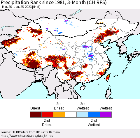 China, Mongolia and Taiwan Precipitation Rank since 1981, 3-Month (CHIRPS) Thematic Map For 3/26/2023 - 6/25/2023