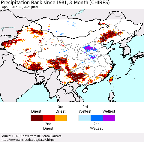 China, Mongolia and Taiwan Precipitation Rank since 1981, 3-Month (CHIRPS) Thematic Map For 4/1/2023 - 6/30/2023