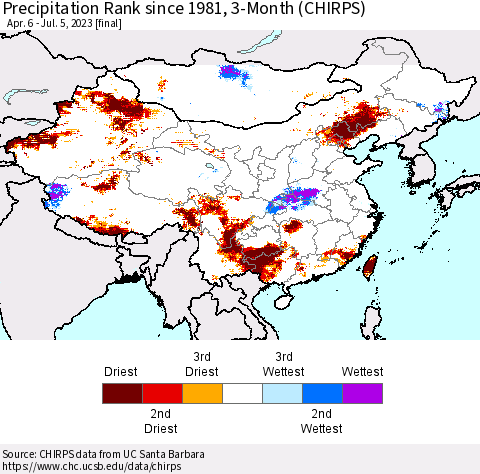 China, Mongolia and Taiwan Precipitation Rank since 1981, 3-Month (CHIRPS) Thematic Map For 4/6/2023 - 7/5/2023
