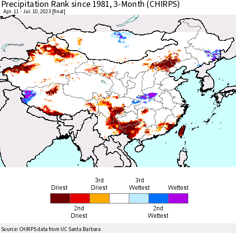 China, Mongolia and Taiwan Precipitation Rank since 1981, 3-Month (CHIRPS) Thematic Map For 4/11/2023 - 7/10/2023