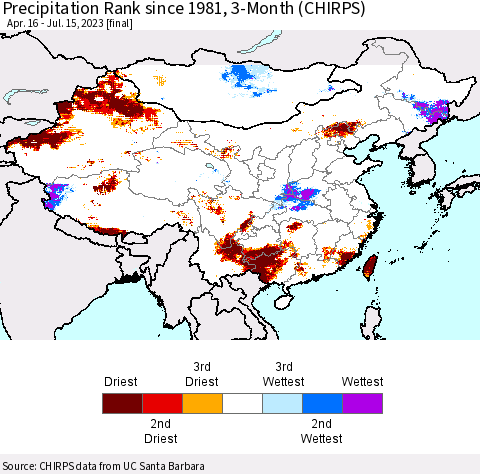 China, Mongolia and Taiwan Precipitation Rank since 1981, 3-Month (CHIRPS) Thematic Map For 4/16/2023 - 7/15/2023