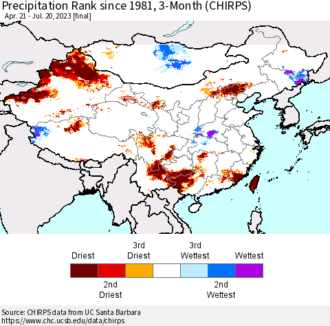 China, Mongolia and Taiwan Precipitation Rank since 1981, 3-Month (CHIRPS) Thematic Map For 4/21/2023 - 7/20/2023