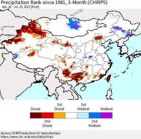 China, Mongolia and Taiwan Precipitation Rank since 1981, 3-Month (CHIRPS) Thematic Map For 4/26/2023 - 7/25/2023
