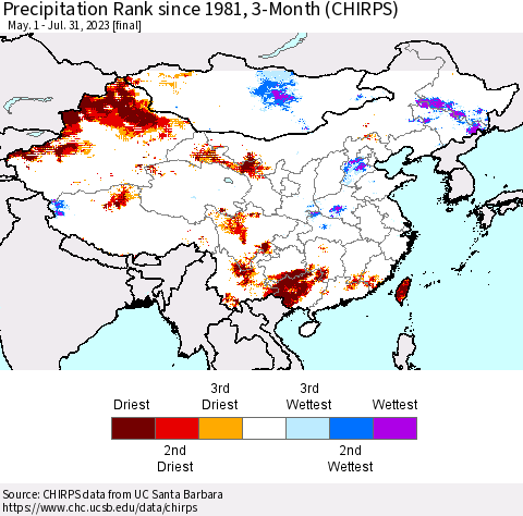 China, Mongolia and Taiwan Precipitation Rank since 1981, 3-Month (CHIRPS) Thematic Map For 5/1/2023 - 7/31/2023