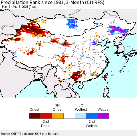 China, Mongolia and Taiwan Precipitation Rank since 1981, 3-Month (CHIRPS) Thematic Map For 5/6/2023 - 8/5/2023