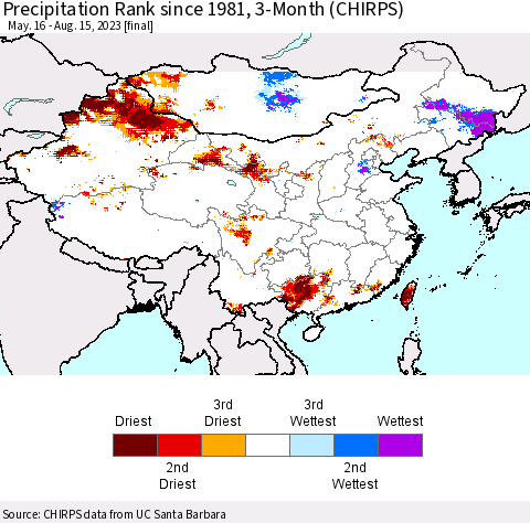China, Mongolia and Taiwan Precipitation Rank since 1981, 3-Month (CHIRPS) Thematic Map For 5/16/2023 - 8/15/2023
