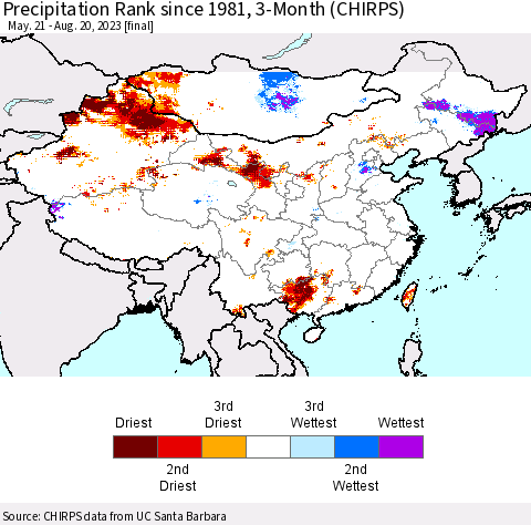 China, Mongolia and Taiwan Precipitation Rank since 1981, 3-Month (CHIRPS) Thematic Map For 5/21/2023 - 8/20/2023