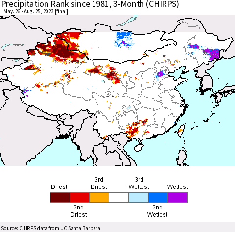 China, Mongolia and Taiwan Precipitation Rank since 1981, 3-Month (CHIRPS) Thematic Map For 5/26/2023 - 8/25/2023