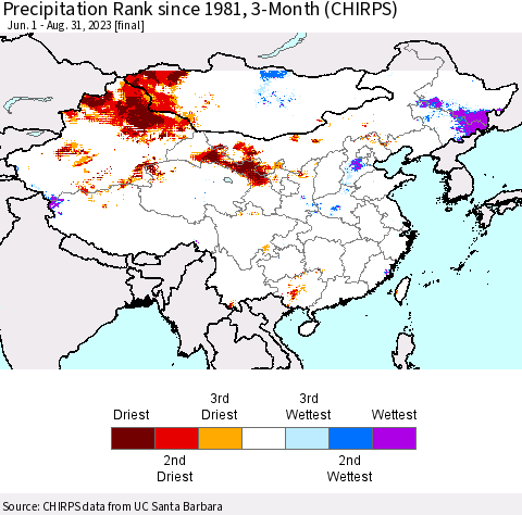 China, Mongolia and Taiwan Precipitation Rank since 1981, 3-Month (CHIRPS) Thematic Map For 6/1/2023 - 8/31/2023